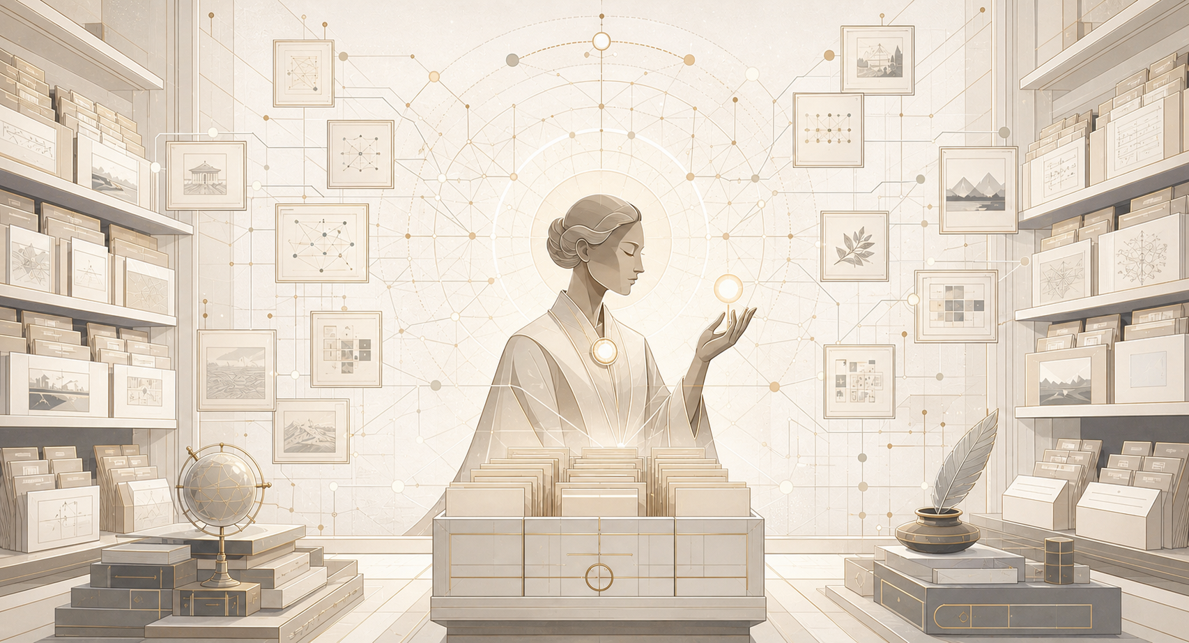 The Librarian: a robed figure holding a glowing memory, surrounded by a halo of catalogued cards and a constellation of node connections.